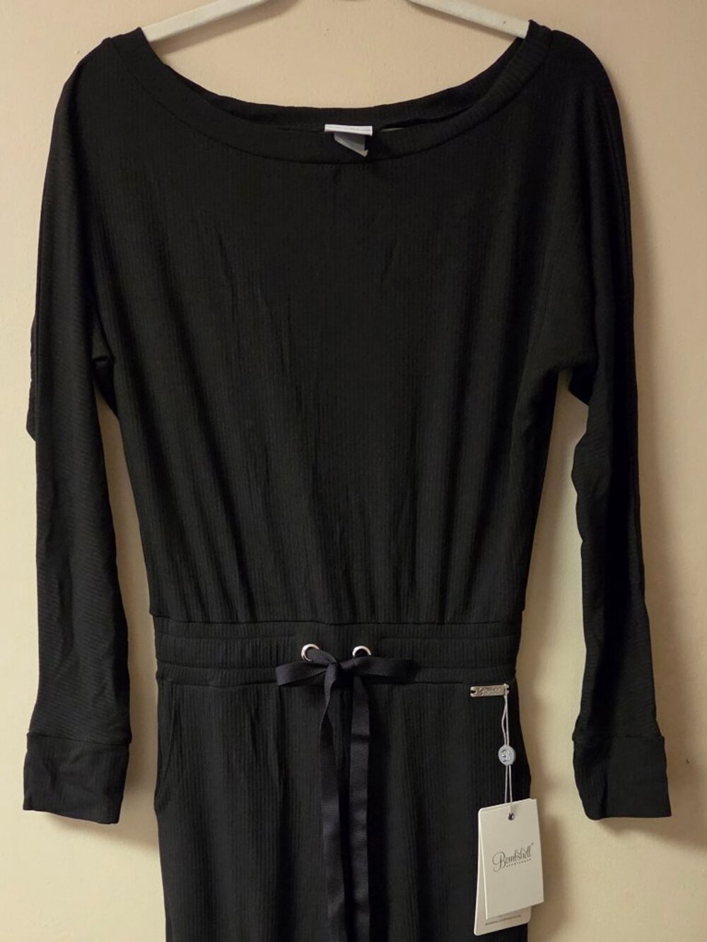 Bombshell Sportswear Ribbed Knit Long Sleeve Jumpsuit Drawstring Pockets, Blk XS